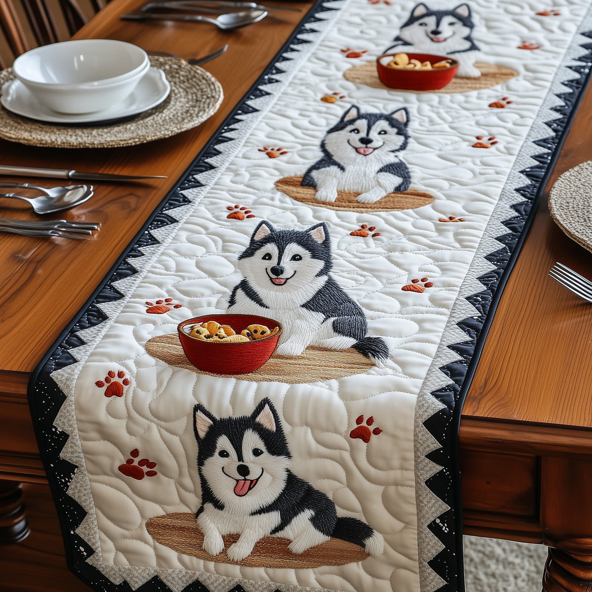 Husky Puppy with Red Bowl Table Runner