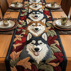 Huskies Among Autumn Leaves Table Runner
