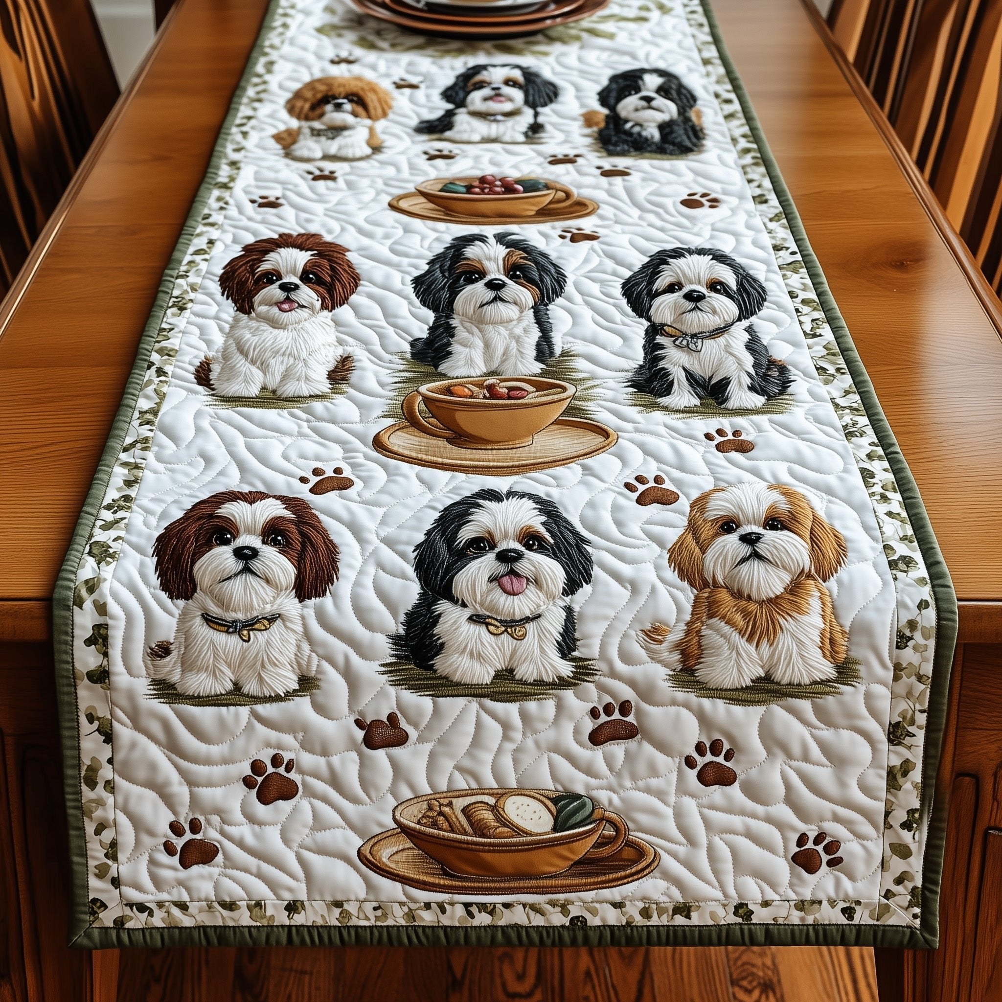 Shih Tzu Puppies with Bowls Table Runner