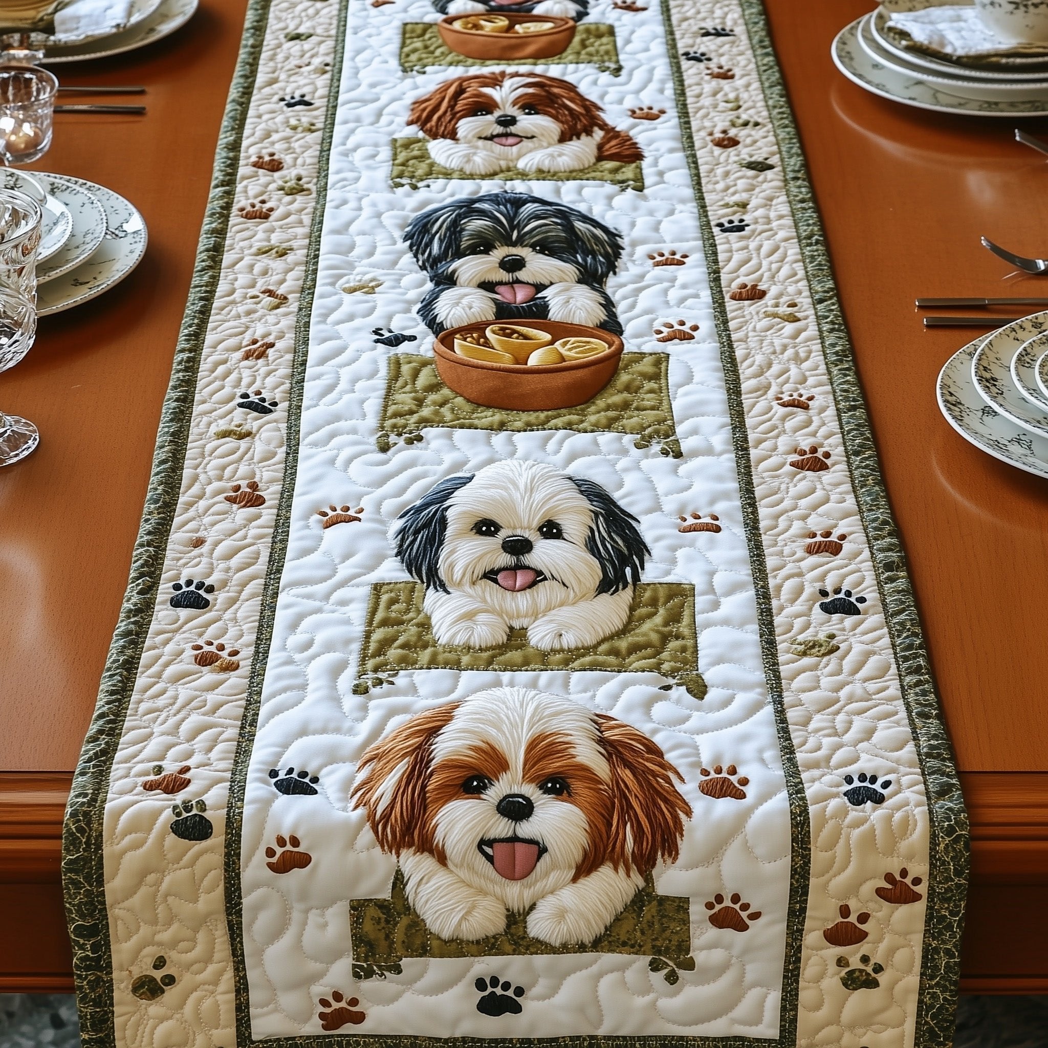 Shih Tzu with Bowl on Green Panel Table Runner