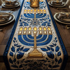 Golden Menorah with Olive Branches Table Runner