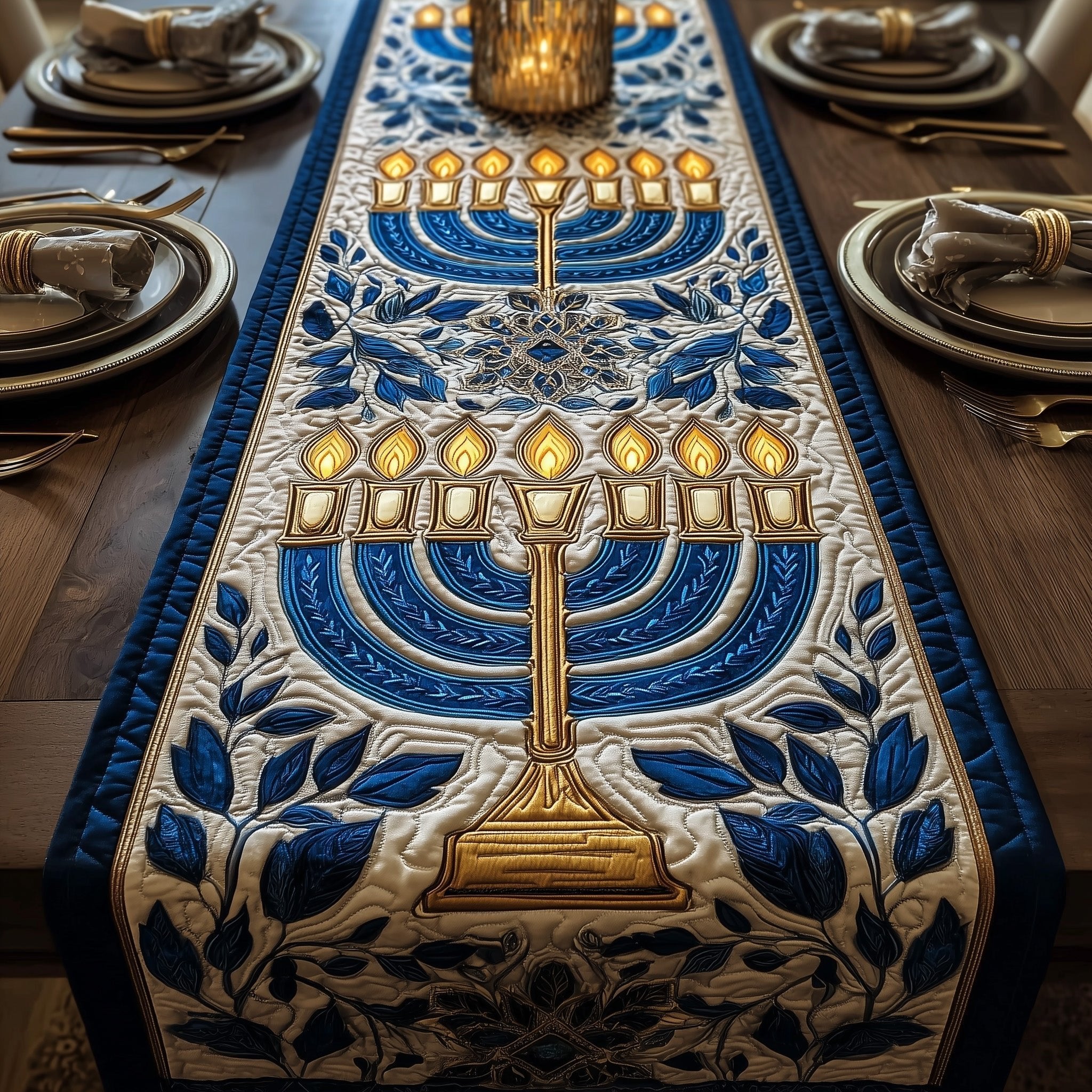 Golden Menorah with Olive Branches Table Runner