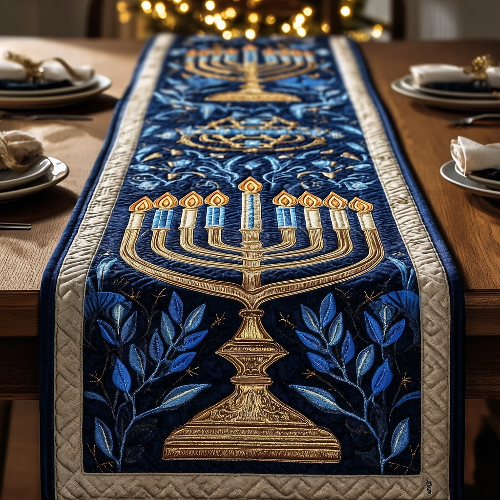 Gold Menorah on Blue Leaves Table Runner