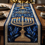 Gold Menorah on Blue Leaves Table Runner