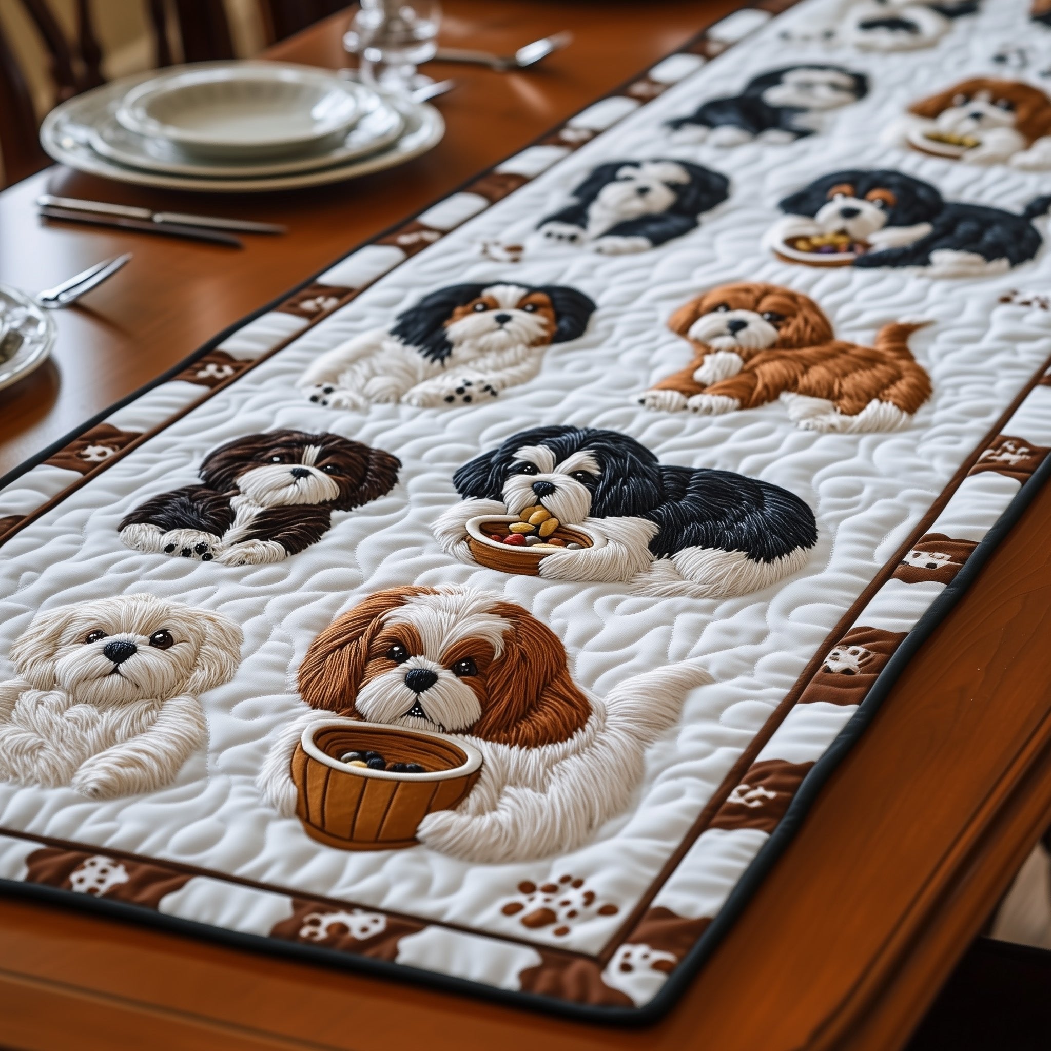 Shih Tzus with Wooden Bowl Table Runner