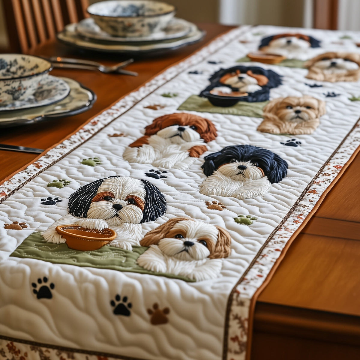 Shih Tzus with Paw Print Border Table Runner