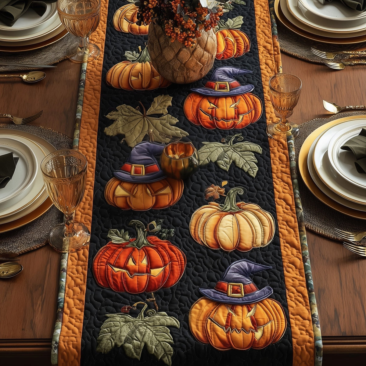 Pumpkins in Witch Hats on Black Table Runner