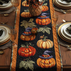 Pumpkins in Witch Hats on Black Table Runner