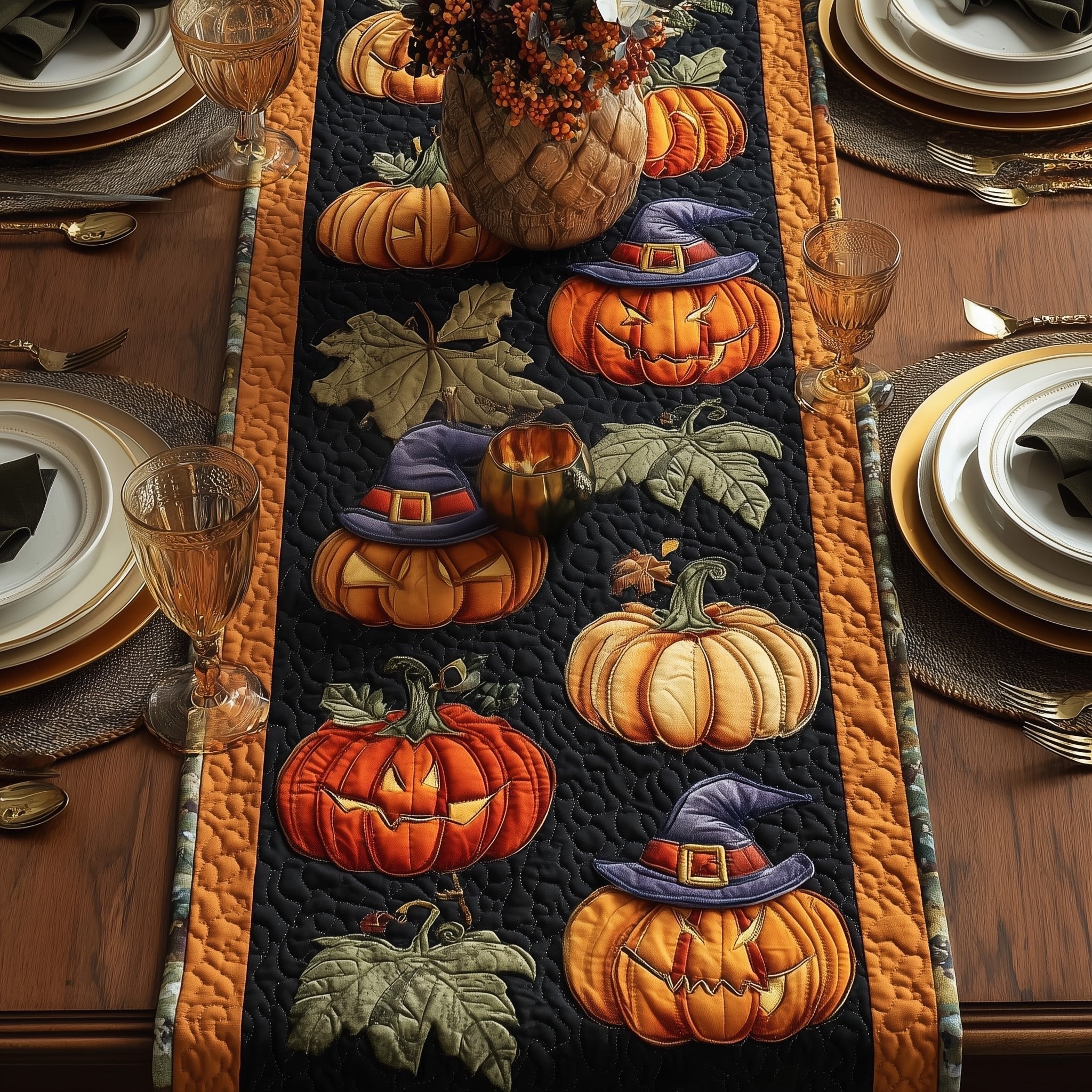 Pumpkins in Witch Hats on Black Table Runner