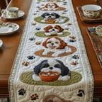Shih Tzus with Orange Bowls on Green Table Runner