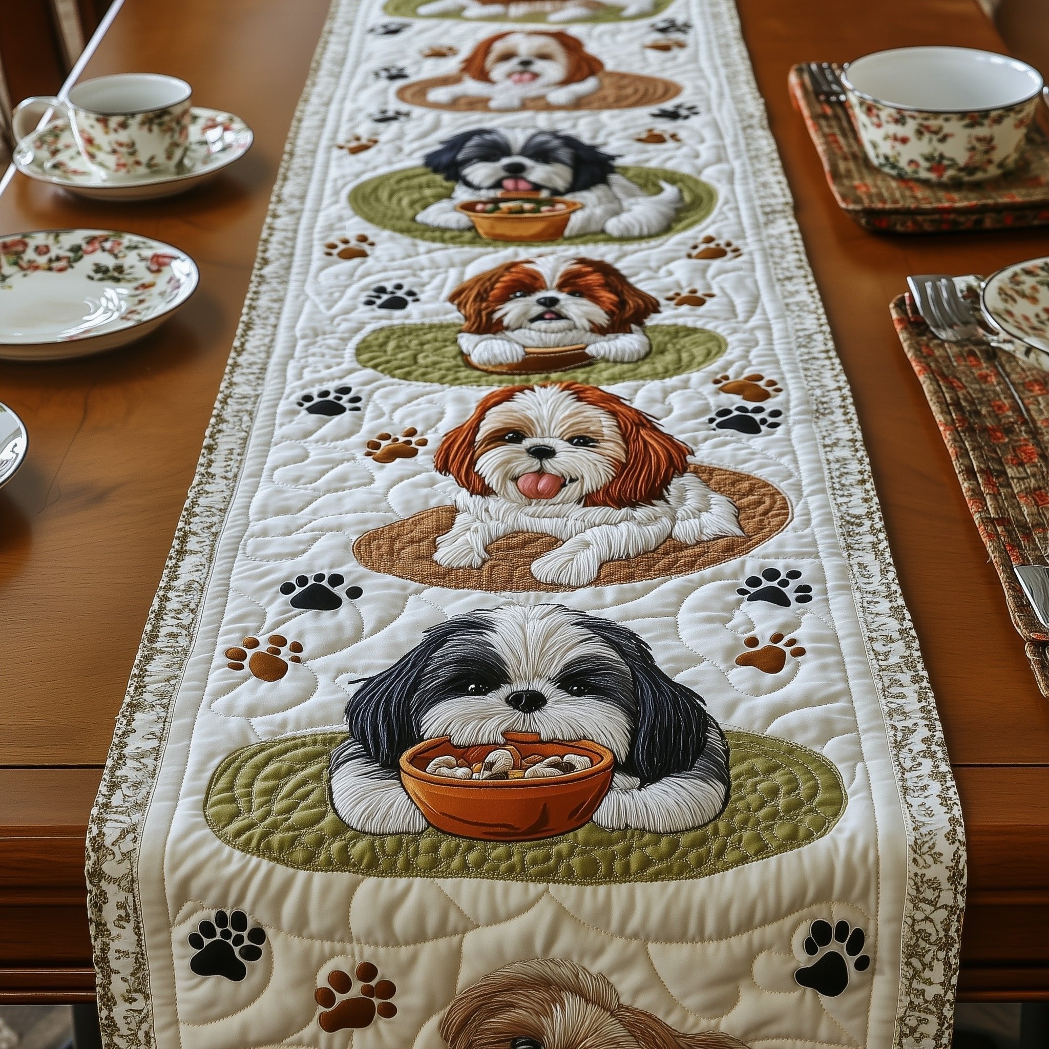 Shih Tzus with Orange Bowls on Green Table Runner