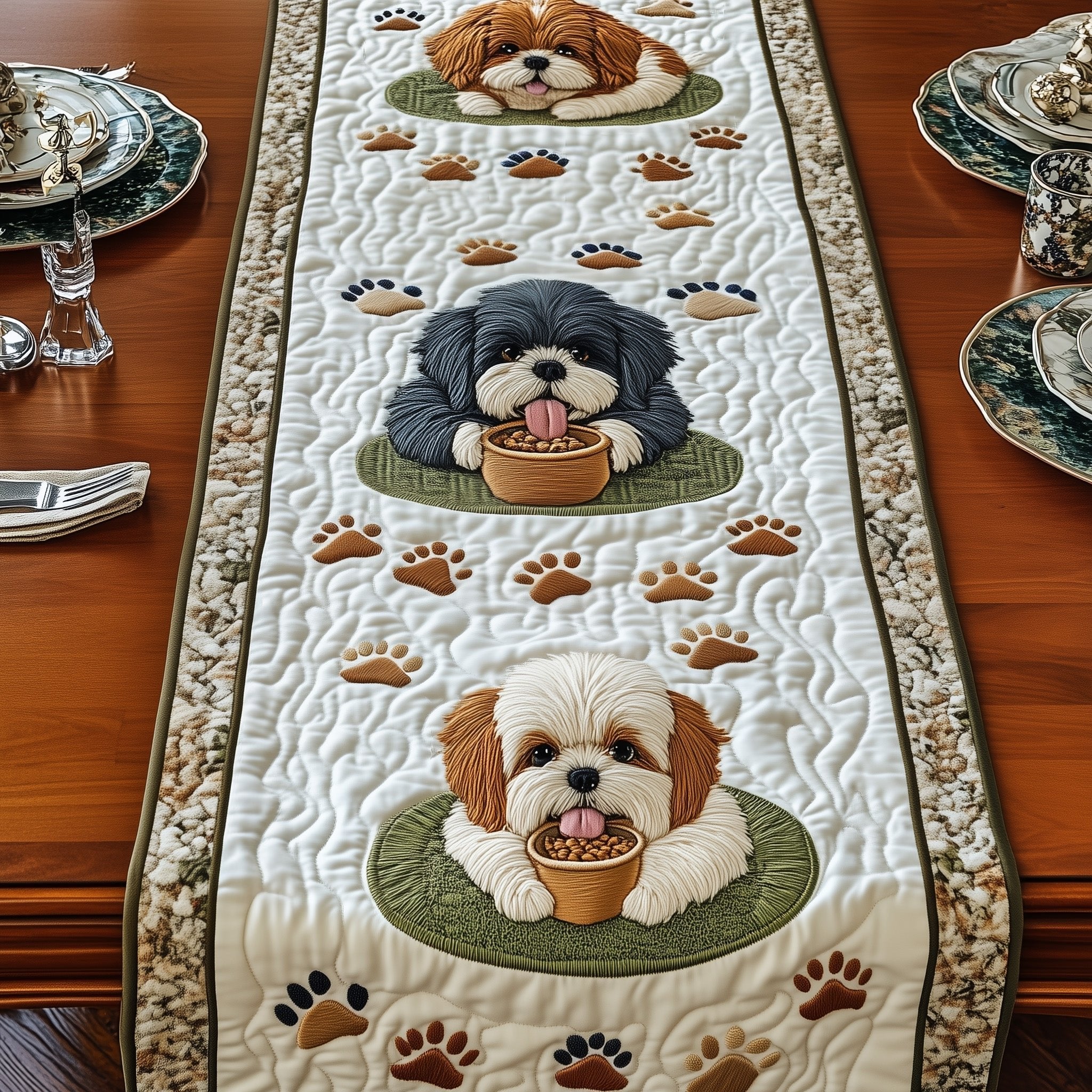 Shih Tzus on Green Ovals Table Runner