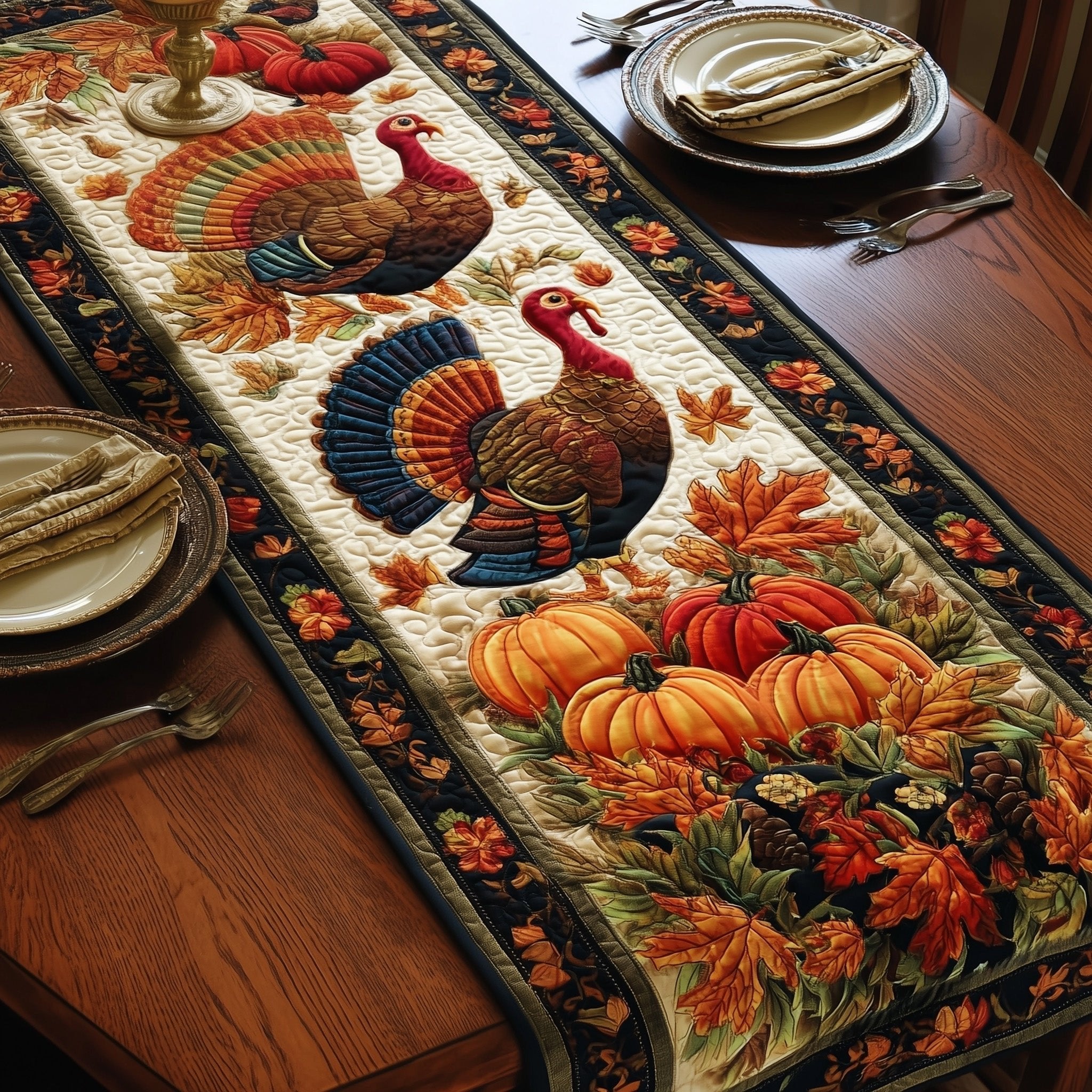 Turkey with Pumpkins and Leaves Table Runner