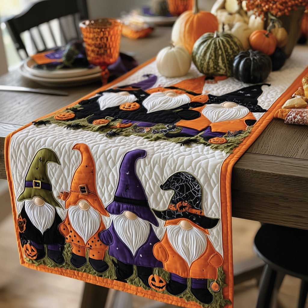 Gnomes with Pumpkins on Black Table Runner