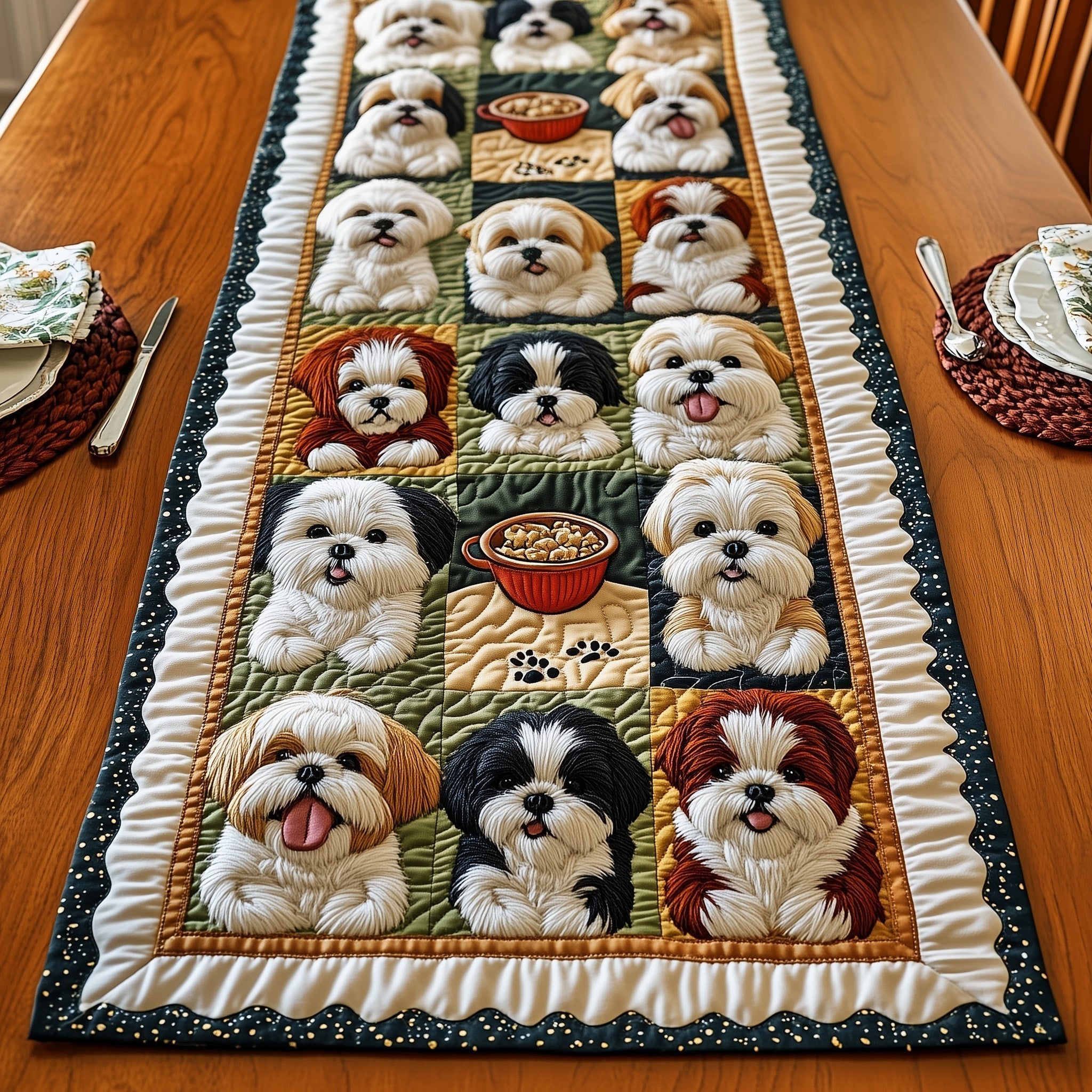 Shih Tzus in Blue Framed Blocks Table Runner