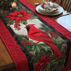 Cardinal with Poinsettia on Red Table Runner