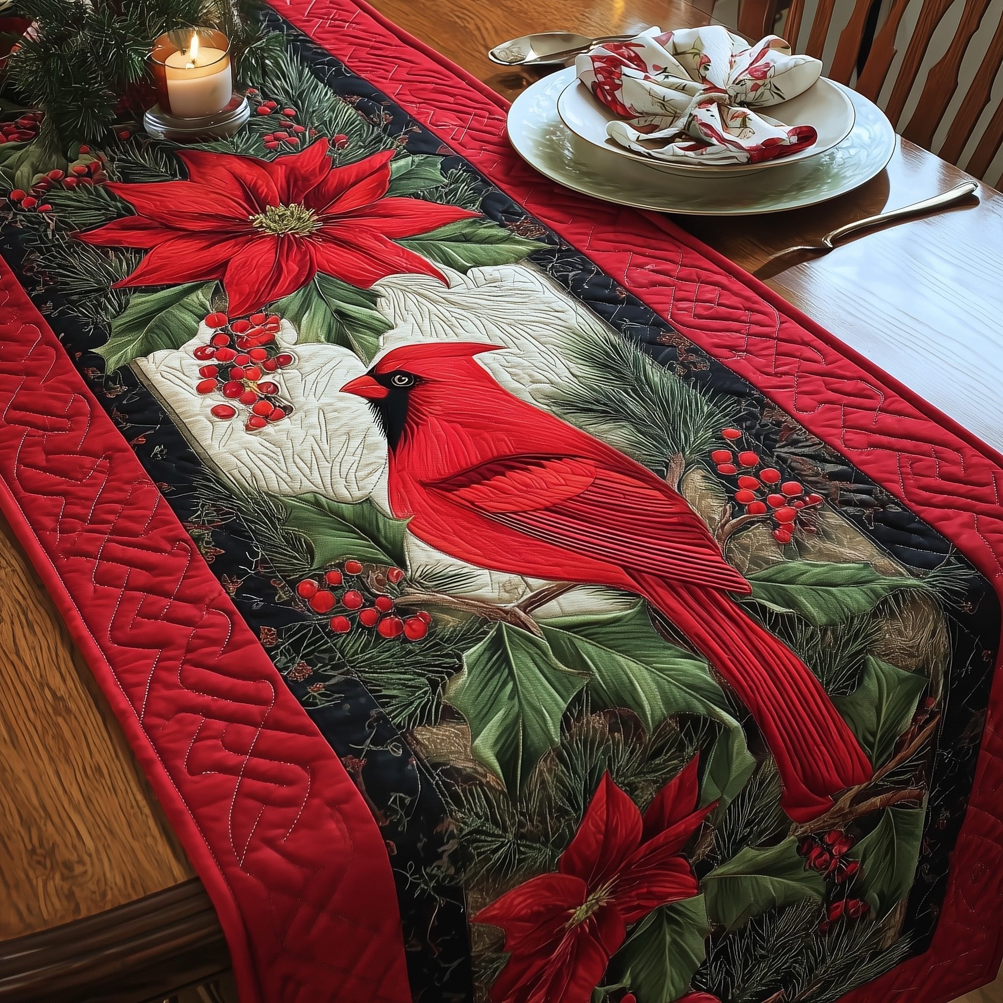 Cardinal with Poinsettia on Red Table Runner
