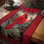 Cardinal with Berries on Red Table Runner