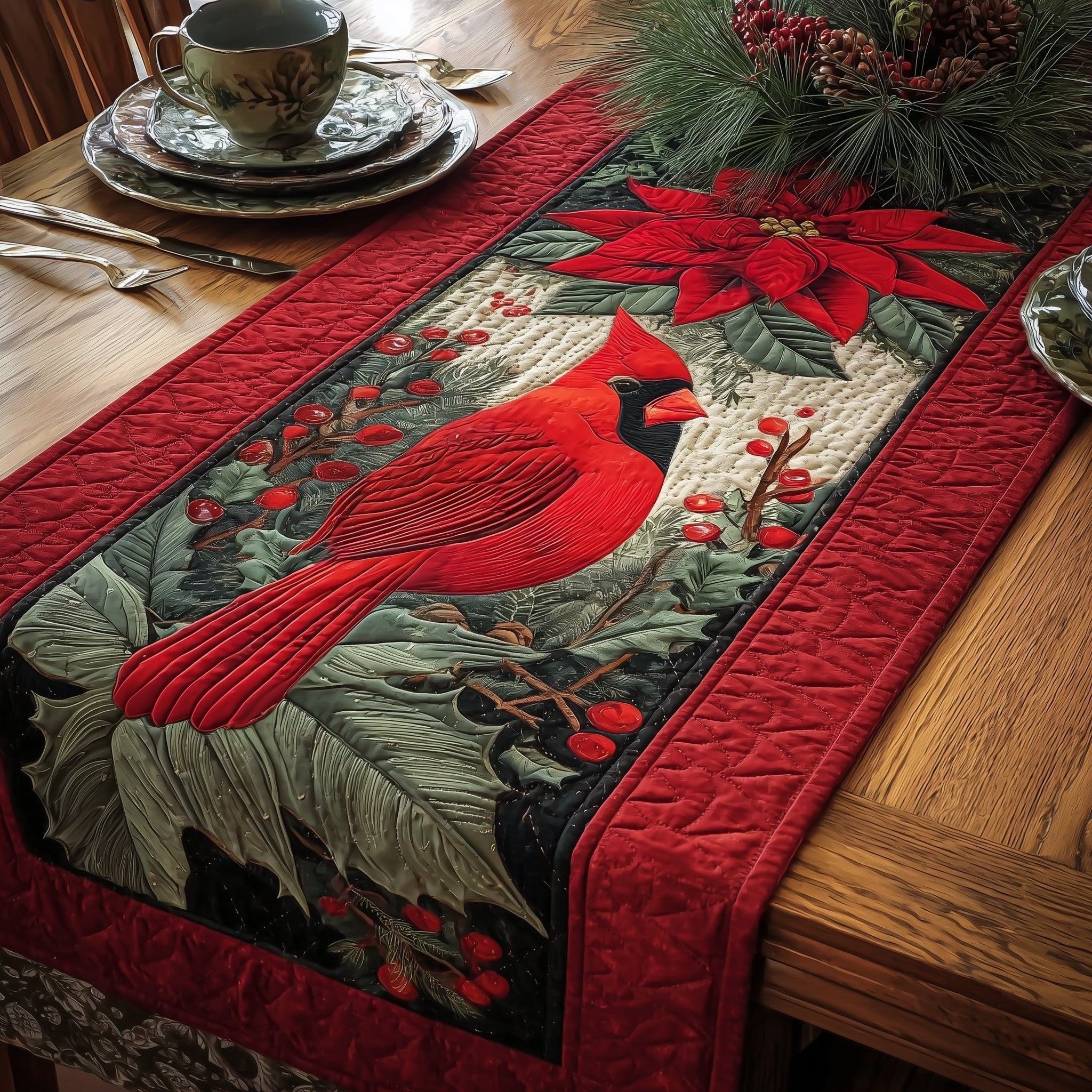 Cardinal with Berries on Red Table Runner