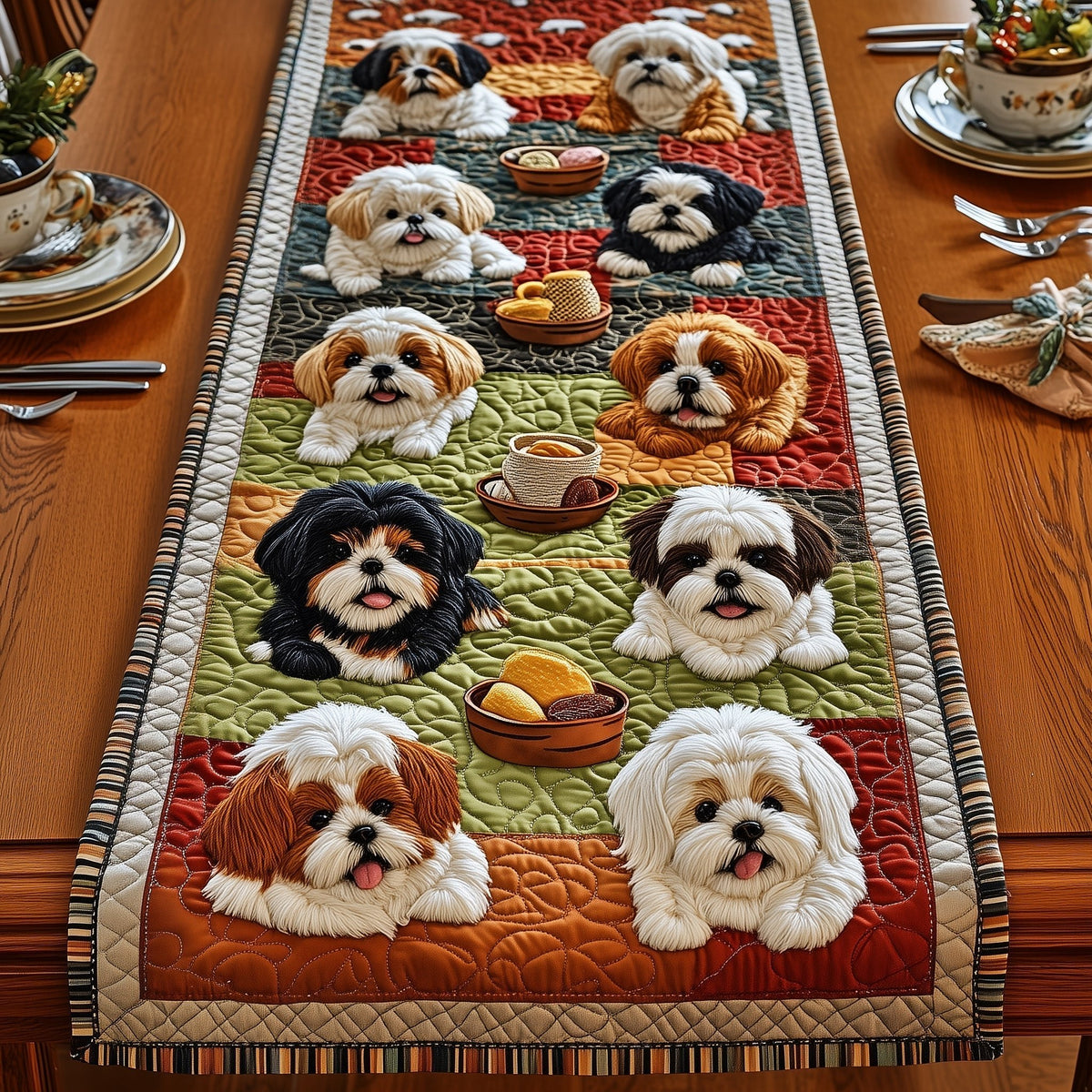 Shih Tzus on Red and Green Blocks Table Runner