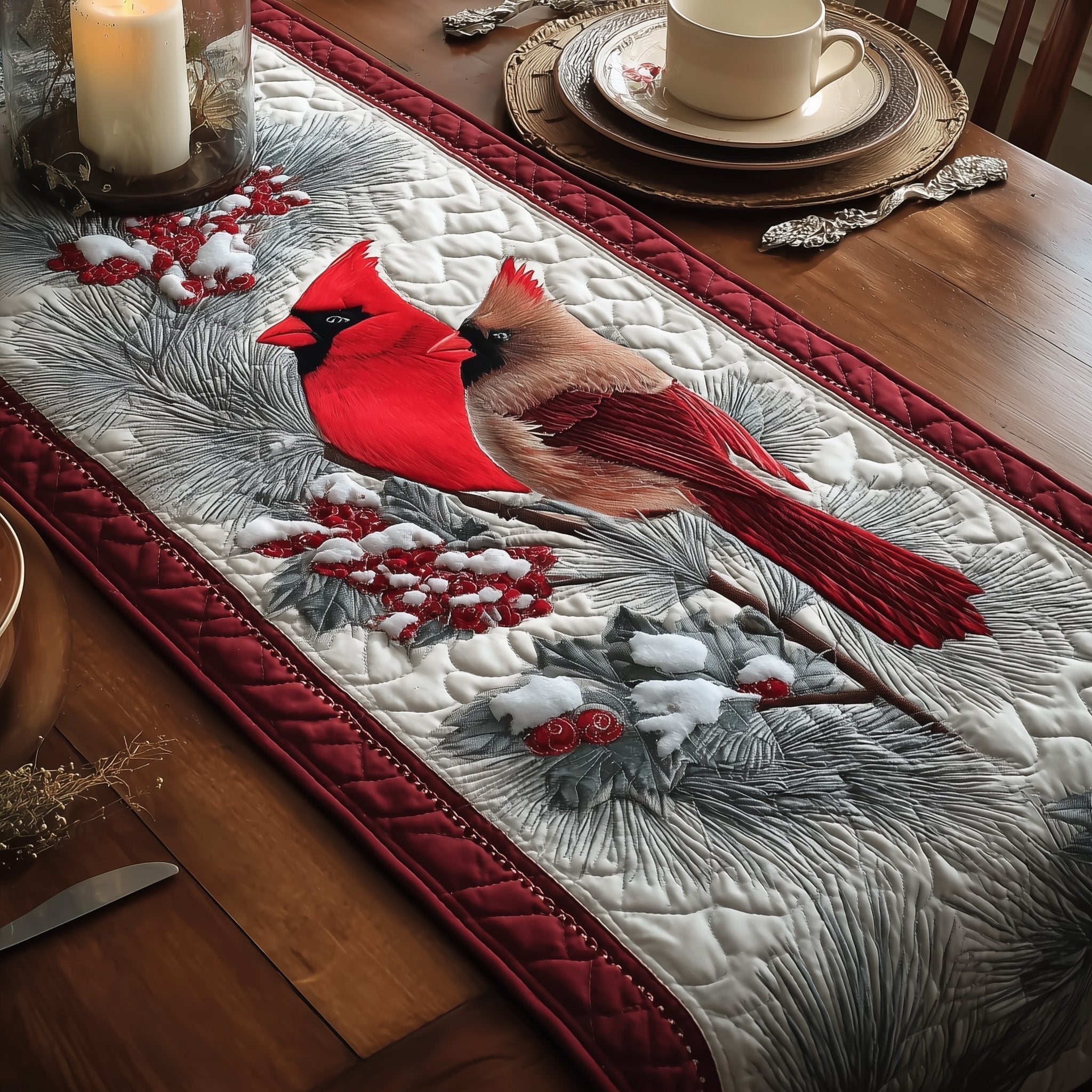 Cardinals on a Snowy Branch Table Runner