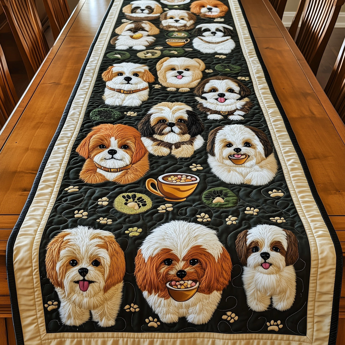 Shih Tzus on Black with Paw Prints Table Runner