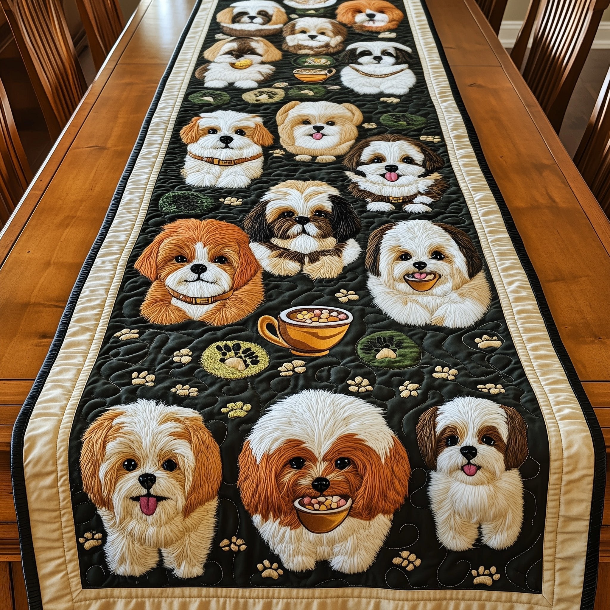 Shih Tzus on Black with Paw Prints Table Runner