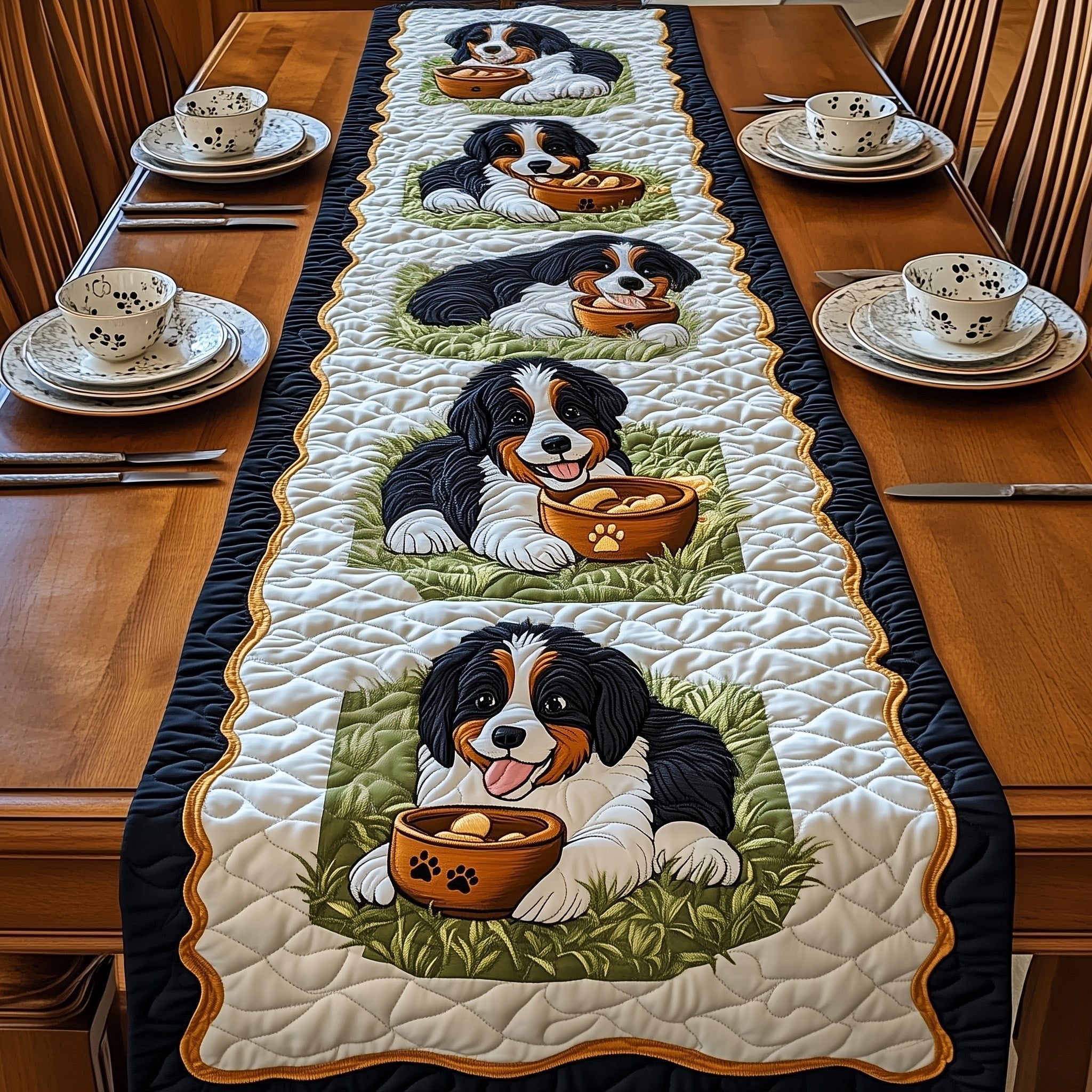 Bernese Mountain Dogs with Bowls Table Runner
