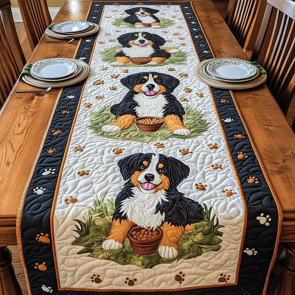 Bernese Dog with Bowl on Green Table Runner