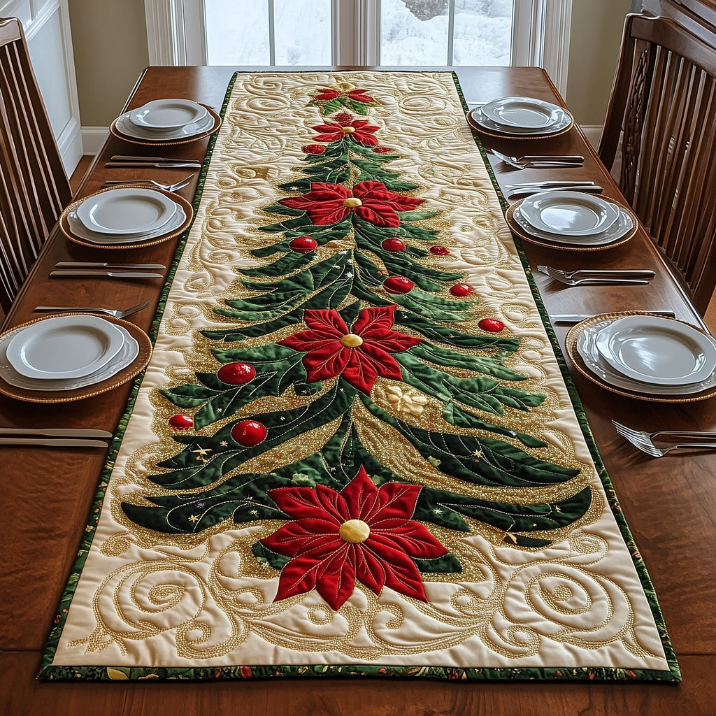 Christmas Tree with Red Poinsettia Table Runner