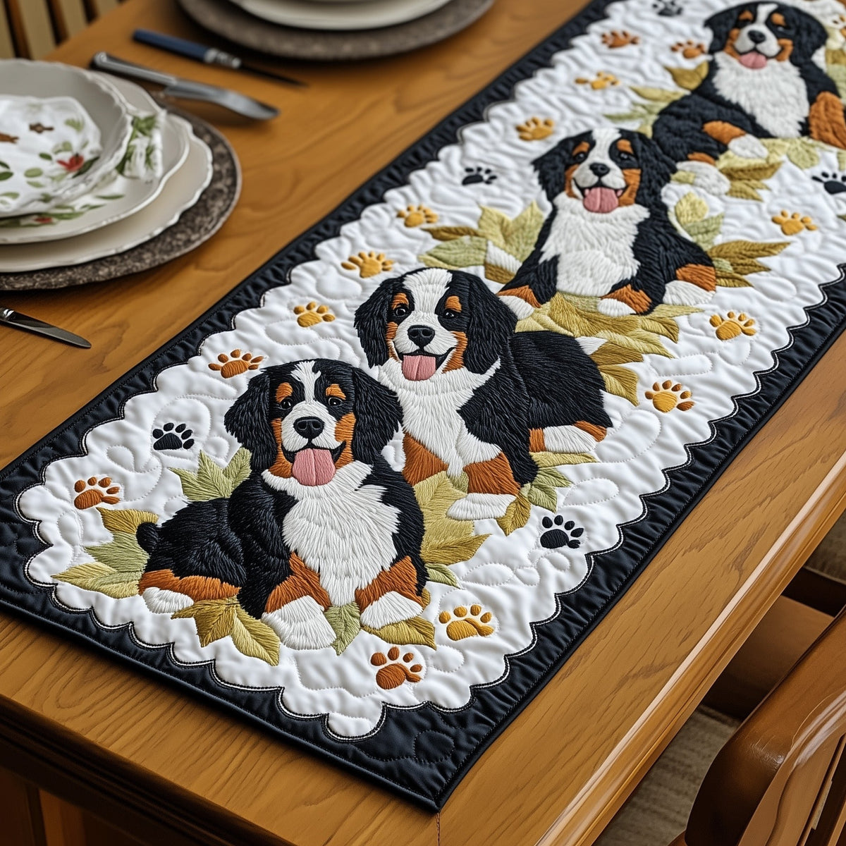Bernese Dogs Among Paw Prints Table Runner