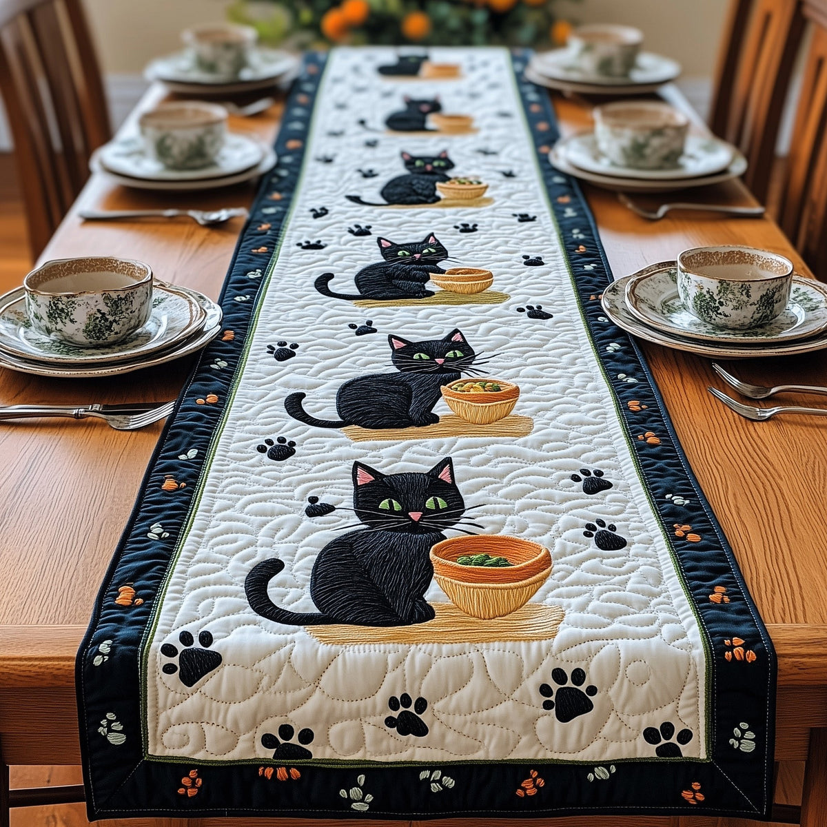 Black Cats with Bowls and Paw Prints Table Runner