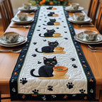 Black Cats with Bowls and Paw Prints Table Runner