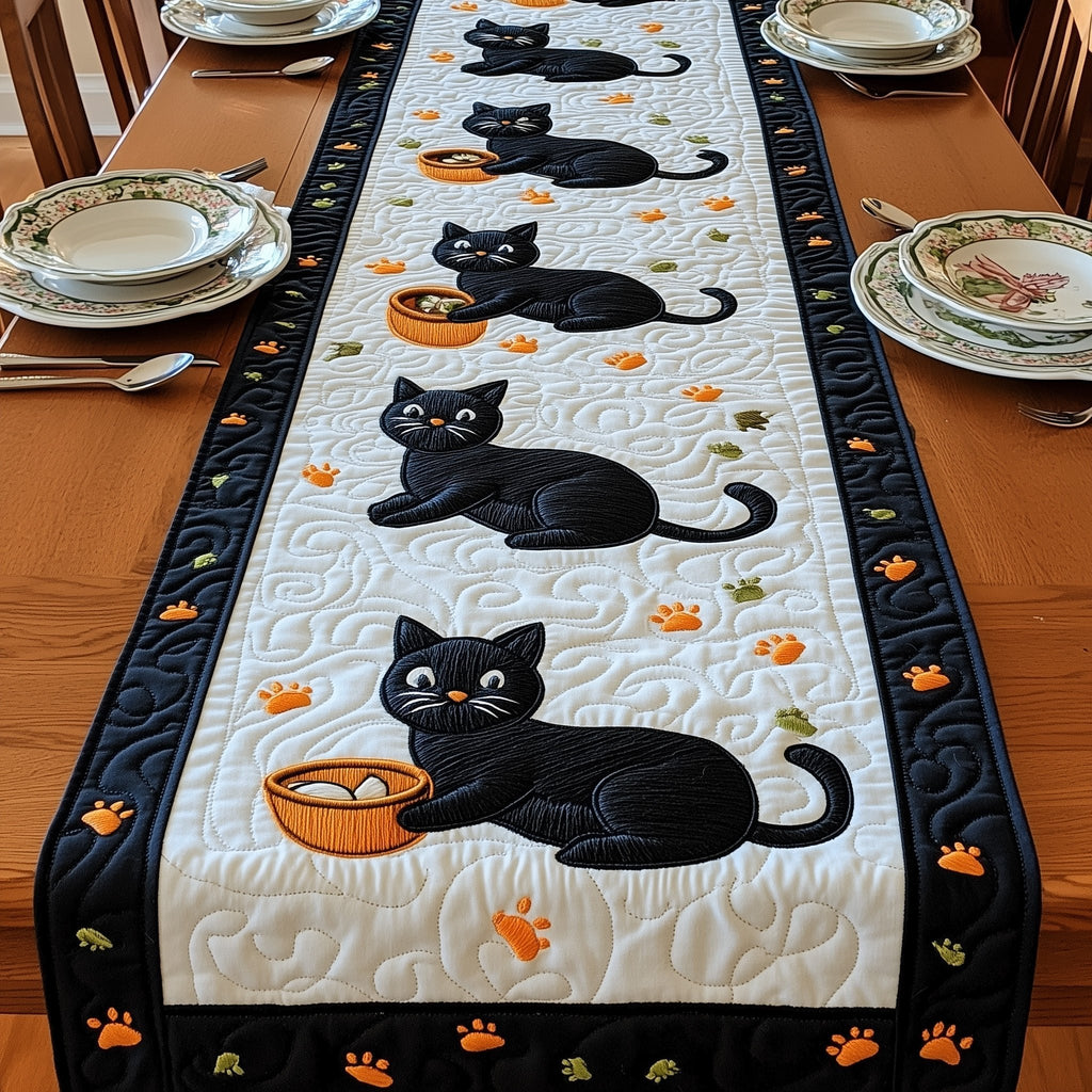 Black Cats with Orange Bowl Table Runner