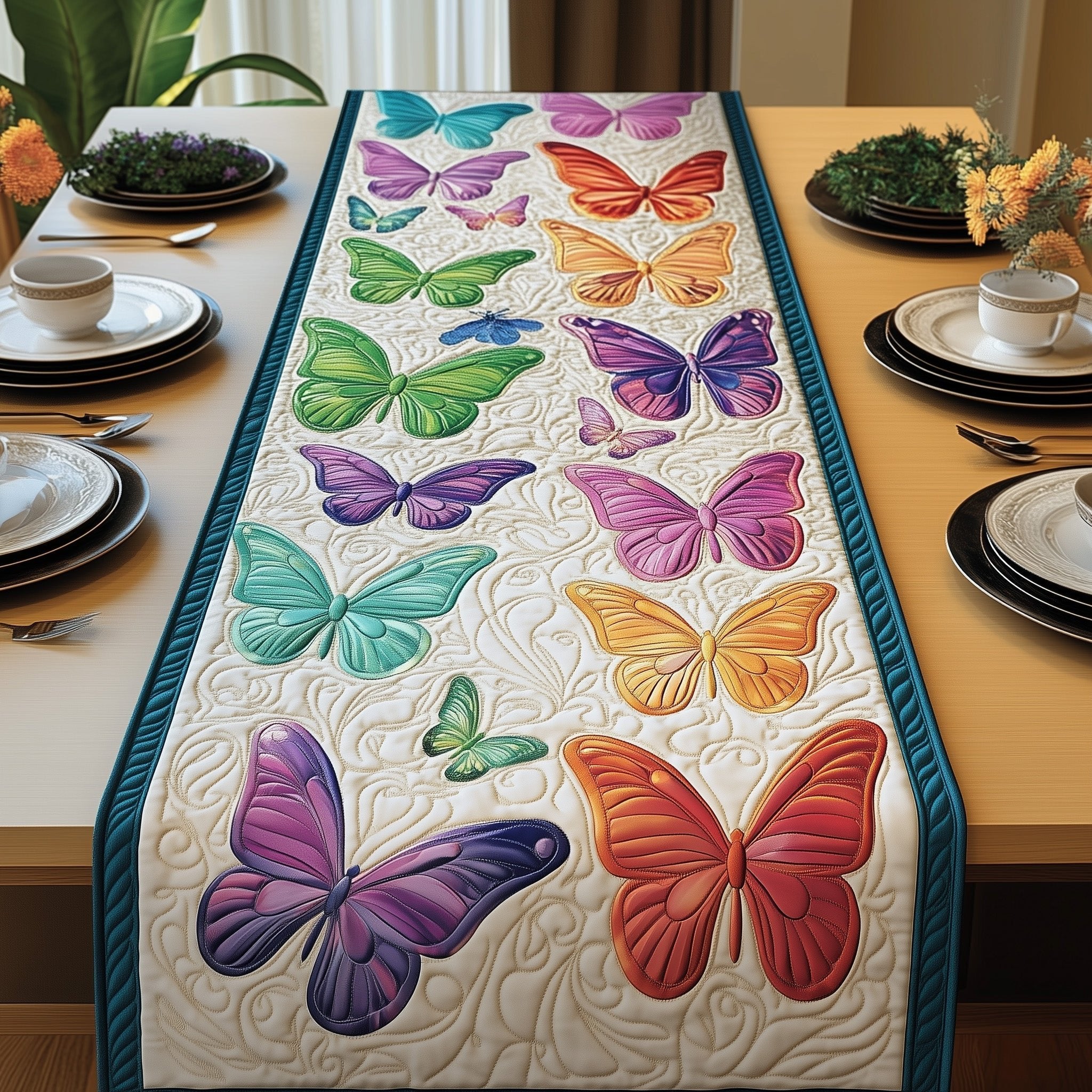 Bright Butterflies on Cream Panel Table Runner