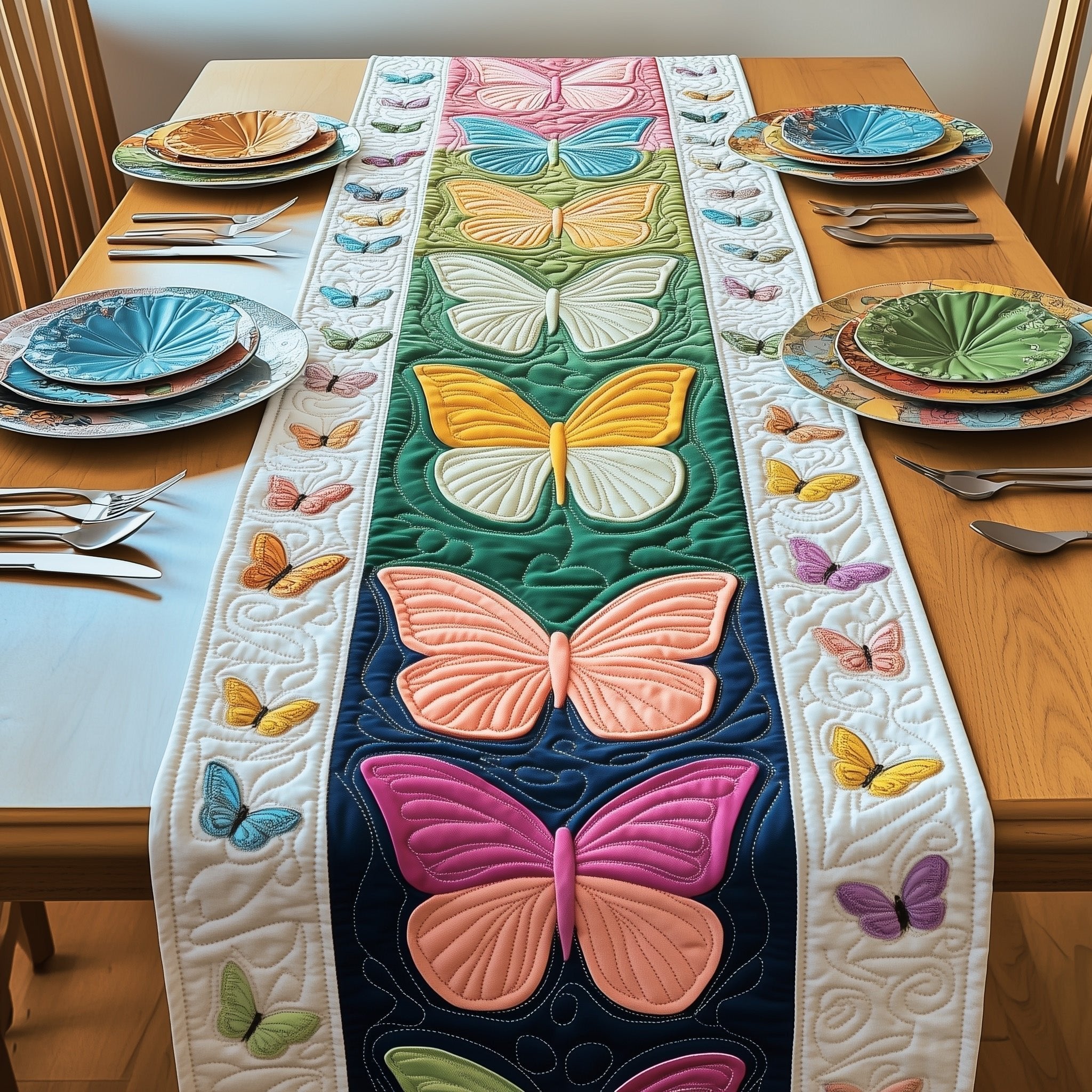Butterflies on Green and Cream Blocks Table Runner