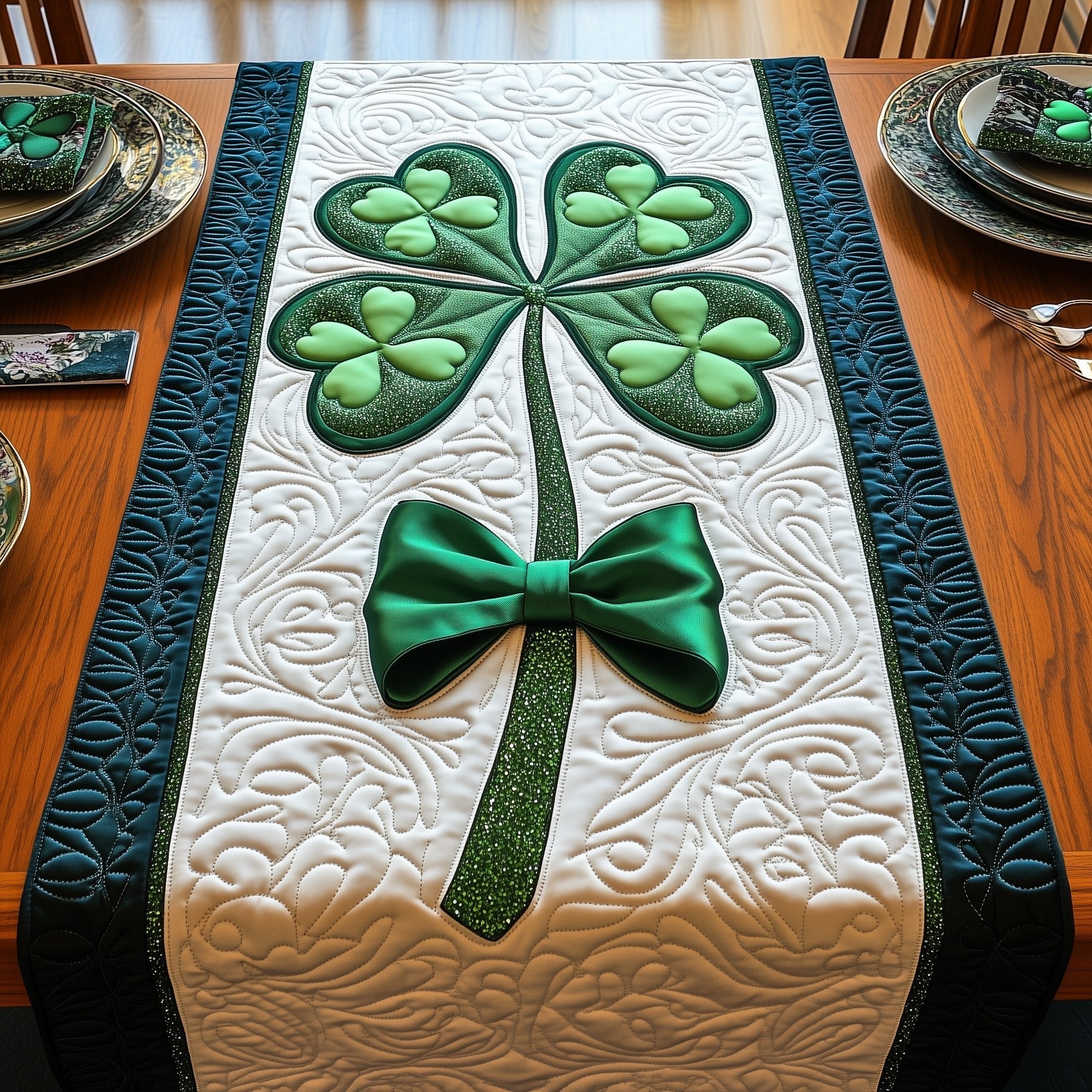 Shamrock with a Green Bow Table Runner