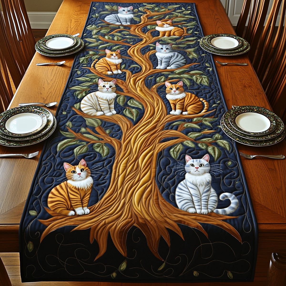 Cats Beside a Golden Tree Table Runner