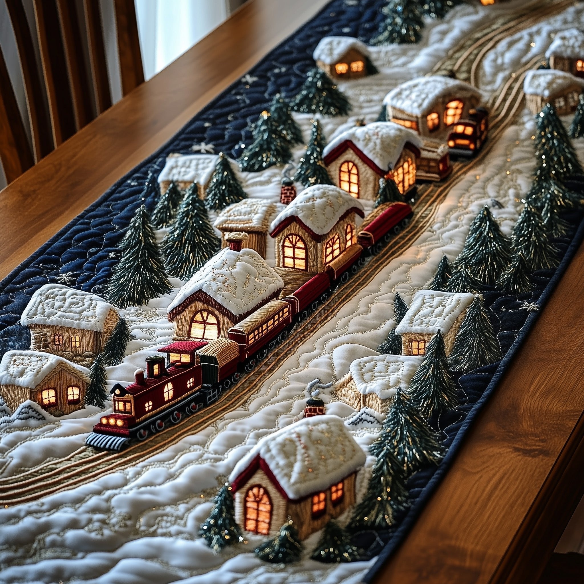 Snowy Village with Passing Train Table Runner