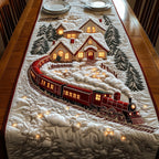 Red Train Circling a Snowy Village Table Runner
