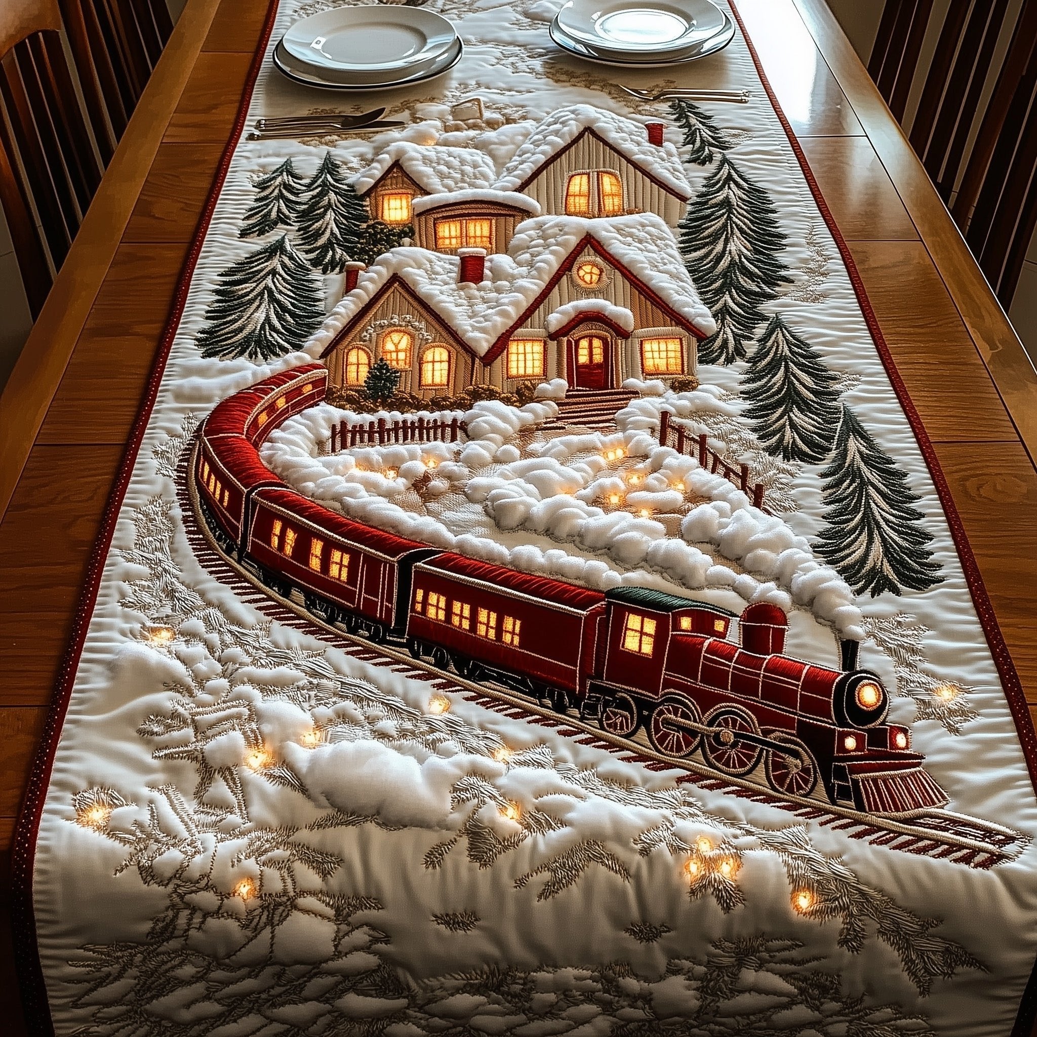 Red Train Circling a Snowy Village Table Runner