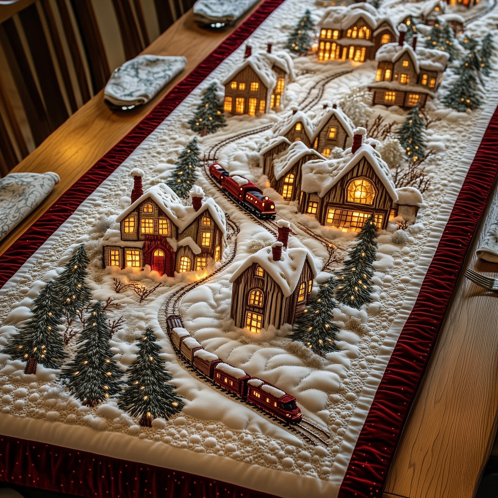 Snowy Cottages Beside the Tracks Table Runner