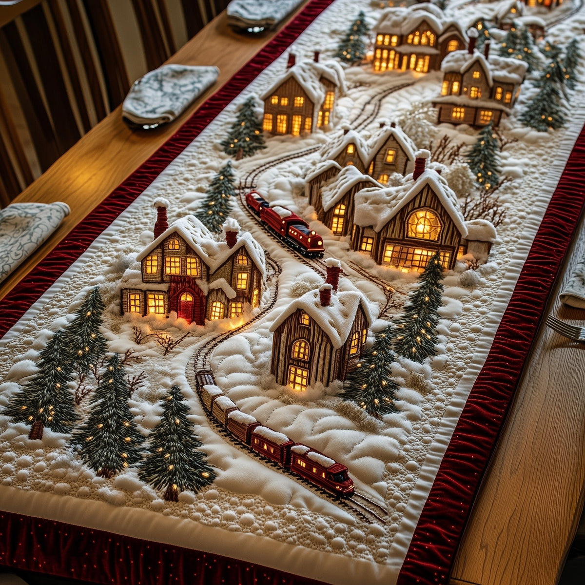 Snowy Cottages Beside the Tracks Table Runner