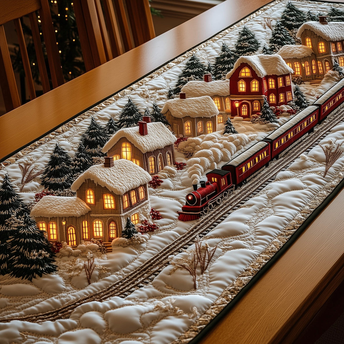 Village Train Under Night Sky Table Runner