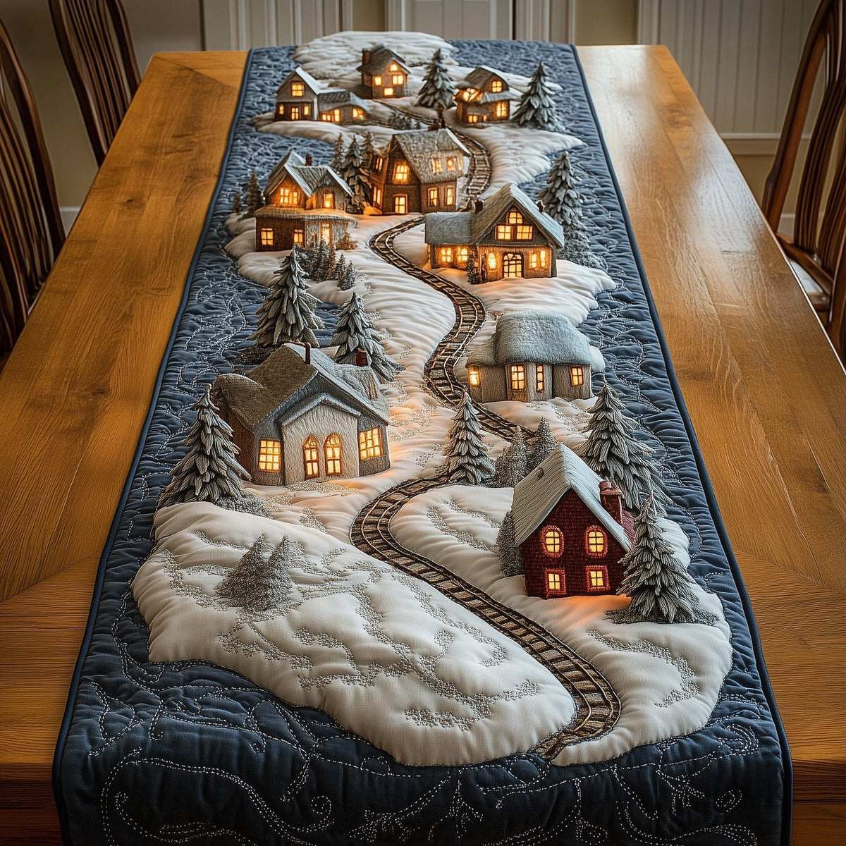 Winter Houses Along Curved Track Table Runner