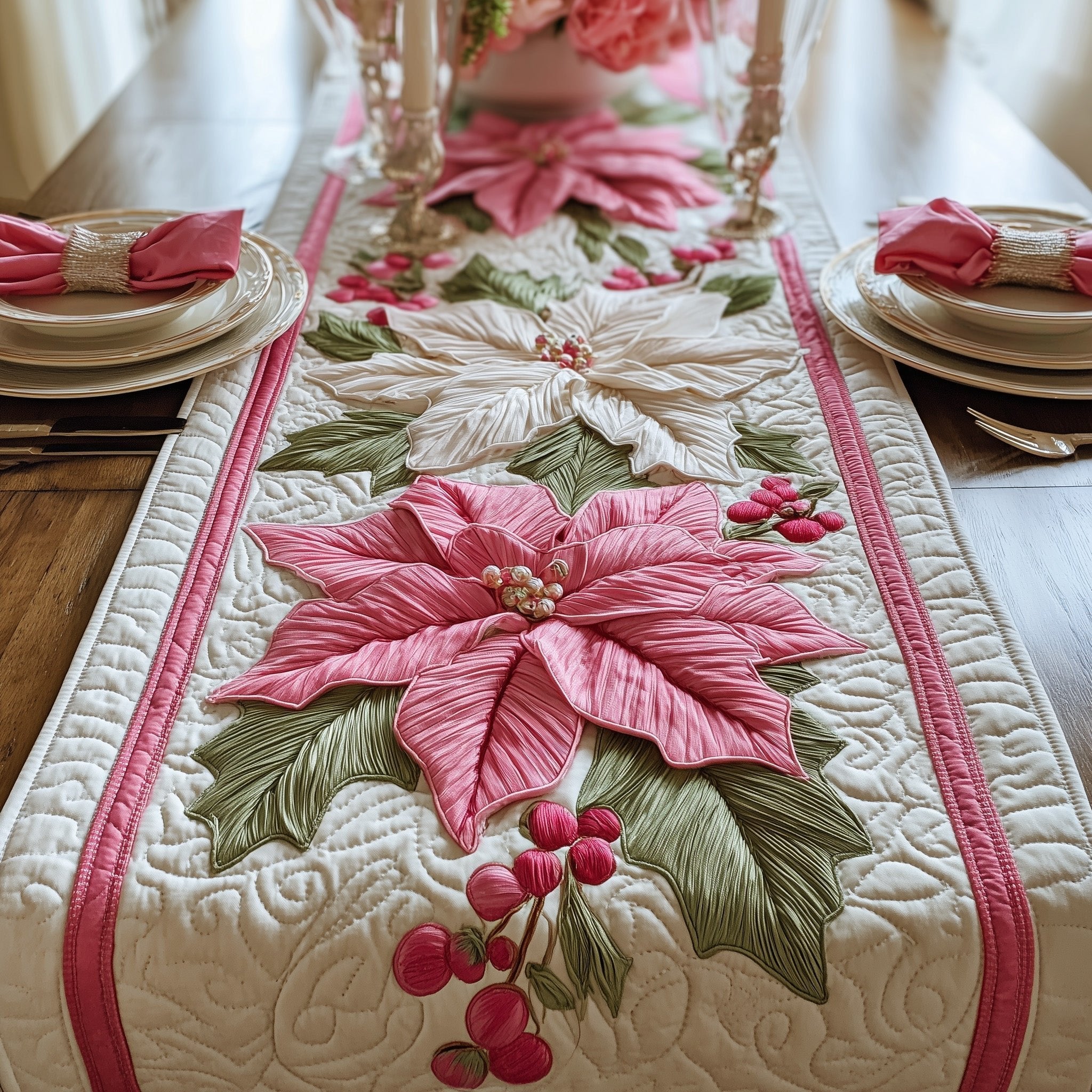 Pink Poinsettia with Red Berries Table Runner