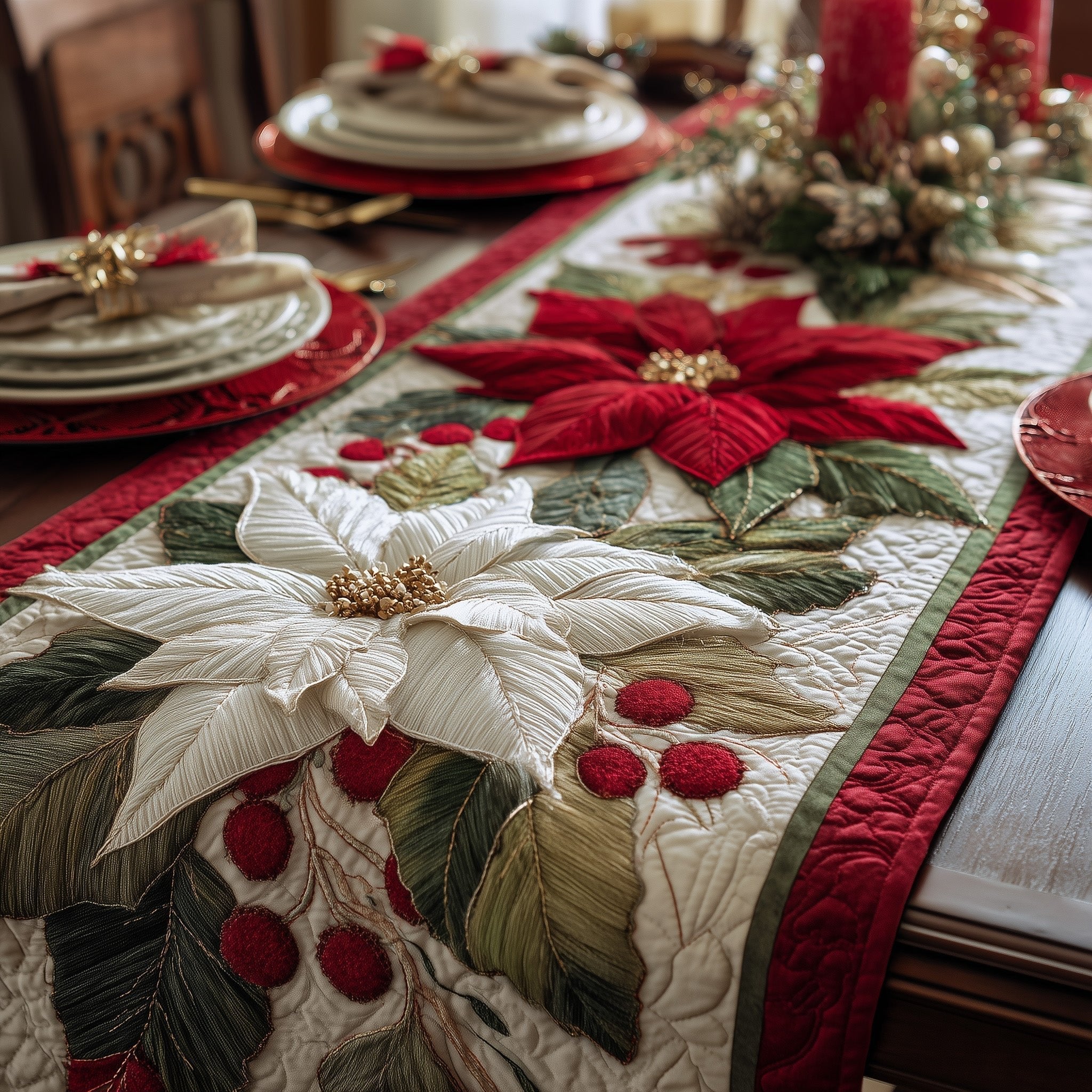 White Poinsettia with Red Berries Table Runner