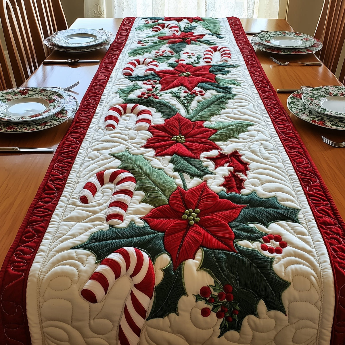 Poinsettias with Candy Canes Table Runner