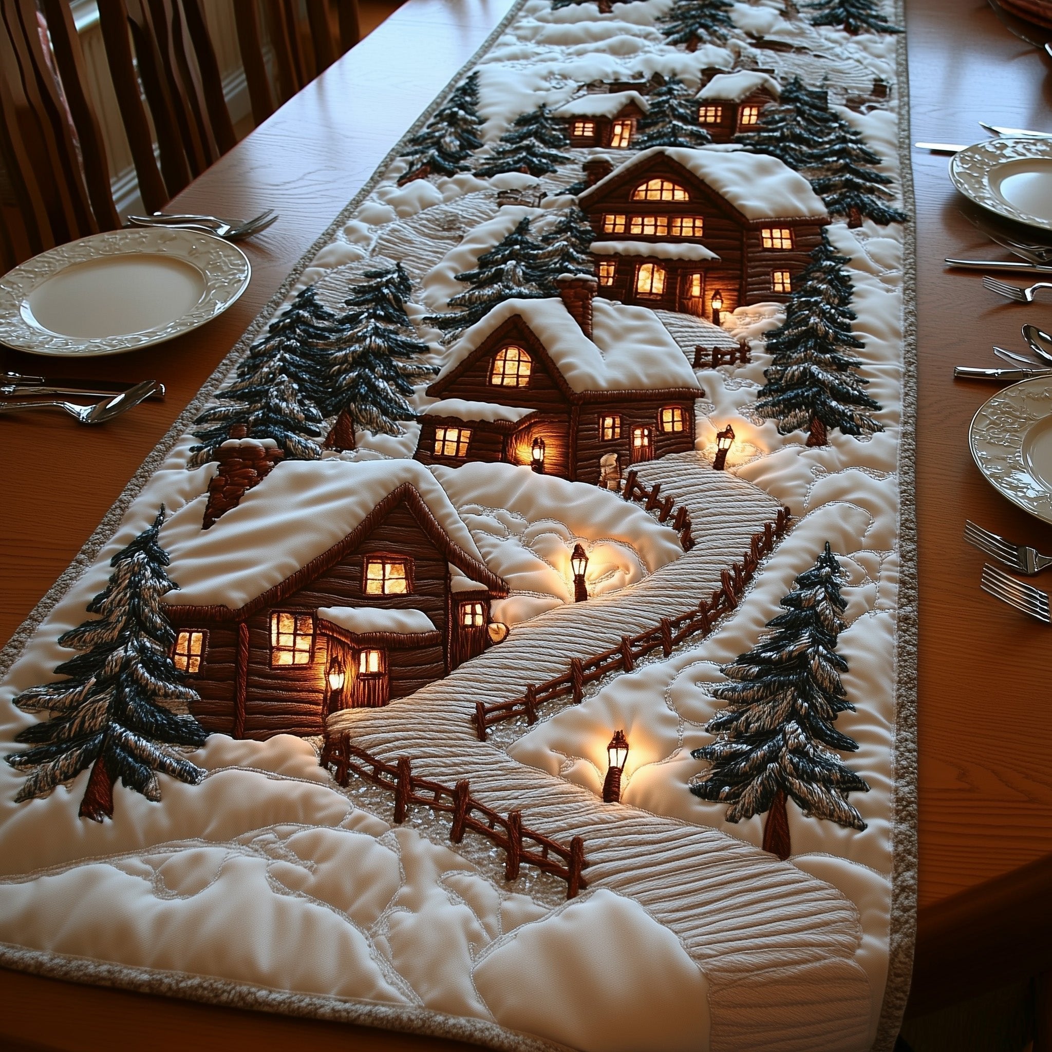 Snowy Cabin with Lit Path Table Runner