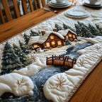 Snow Cottage with Wooden Bridge Table Runner